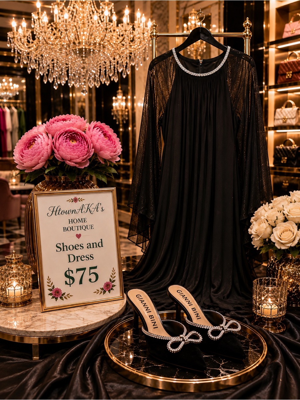 R&M Richards Black Long Sleeve Dress and Shoes